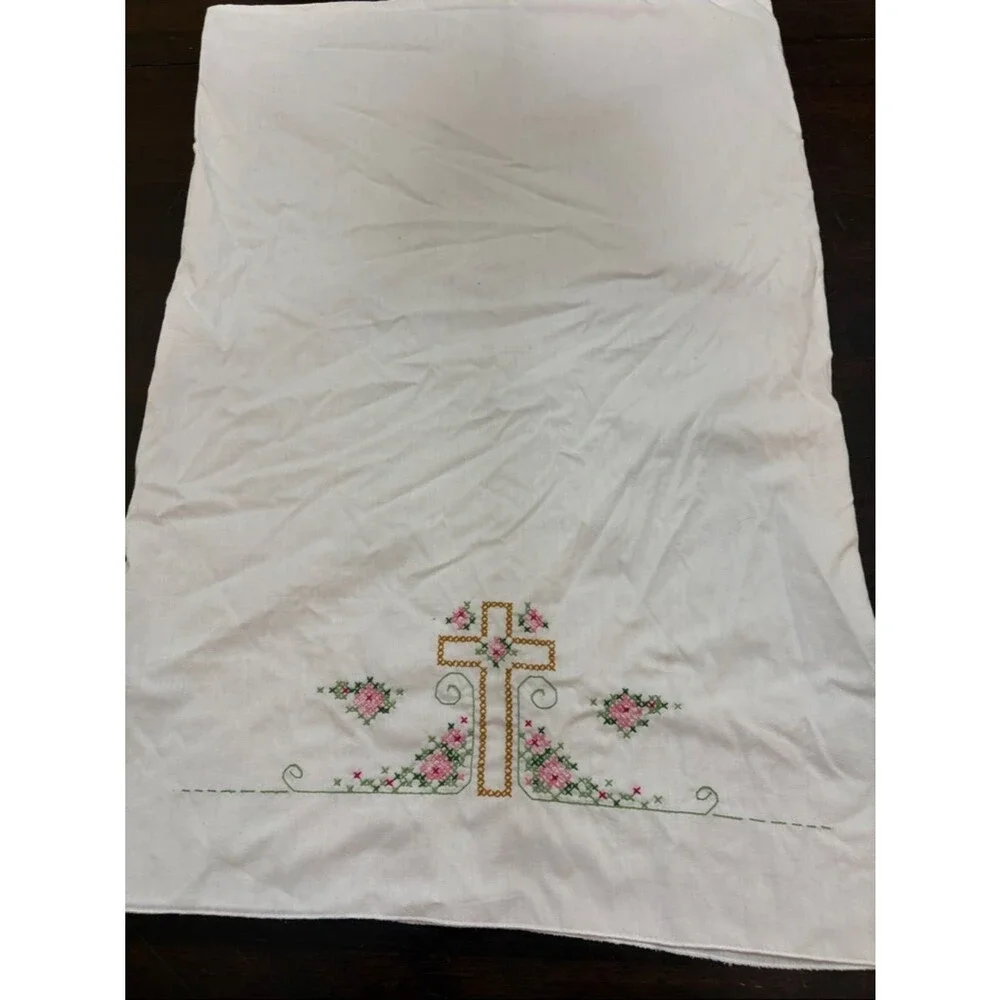 White cross stitched Cross pillowcase